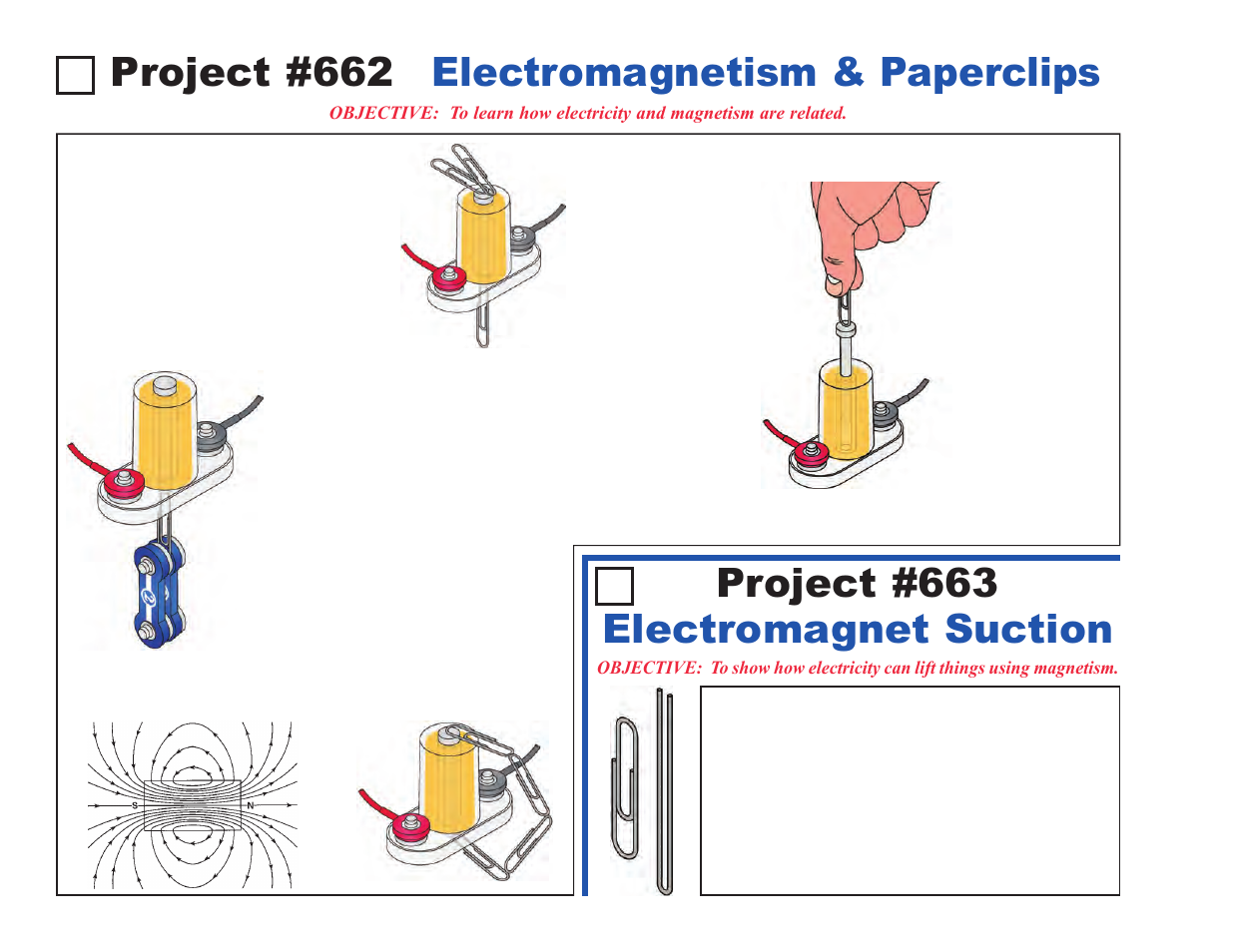 Project #662, Electromagnetism & paperclips project #663, Electromagnet suction | Elenco Upgrade Kit SC300 to SC750 User Manual | Page 136 / 212