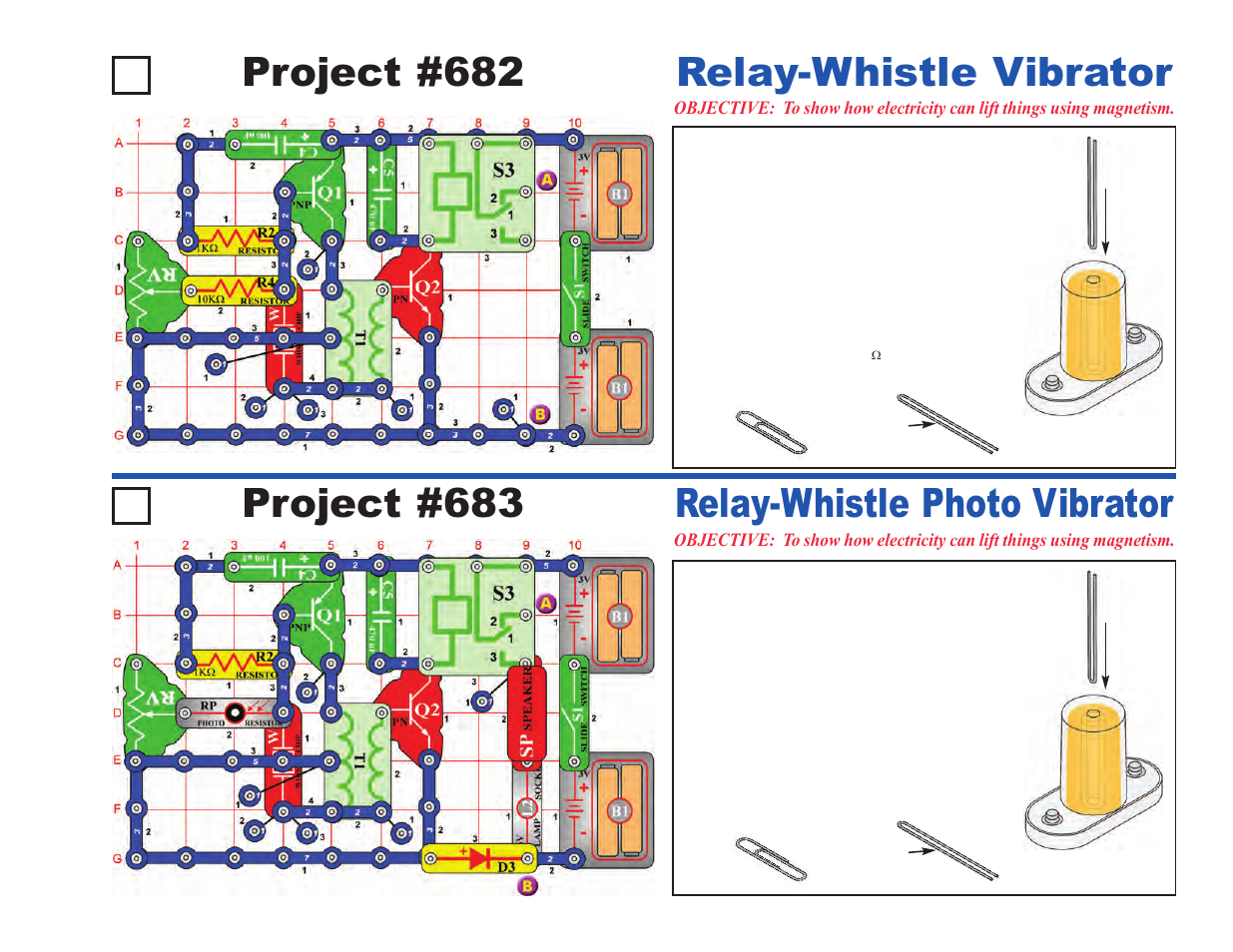 Project #682, Relay-whistle vibrator, Project #683 | Relay-whistle photo vibrator | Elenco Upgrade Kit SC300 to SC750 User Manual | Page 145 / 212