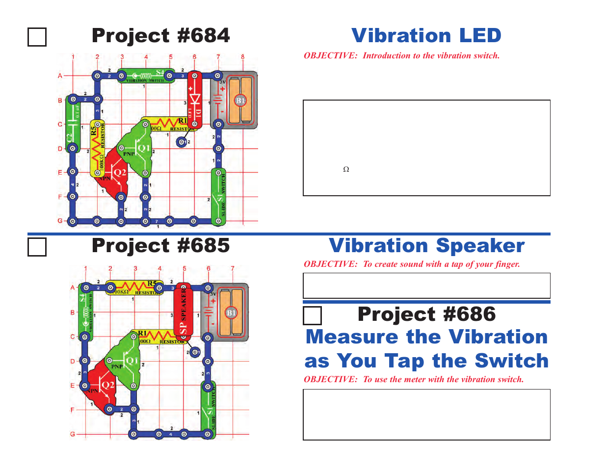 Project #684, Vibration led, Project #685 | Vibration speaker | Elenco Upgrade Kit SC300 to SC750 User Manual | Page 146 / 212