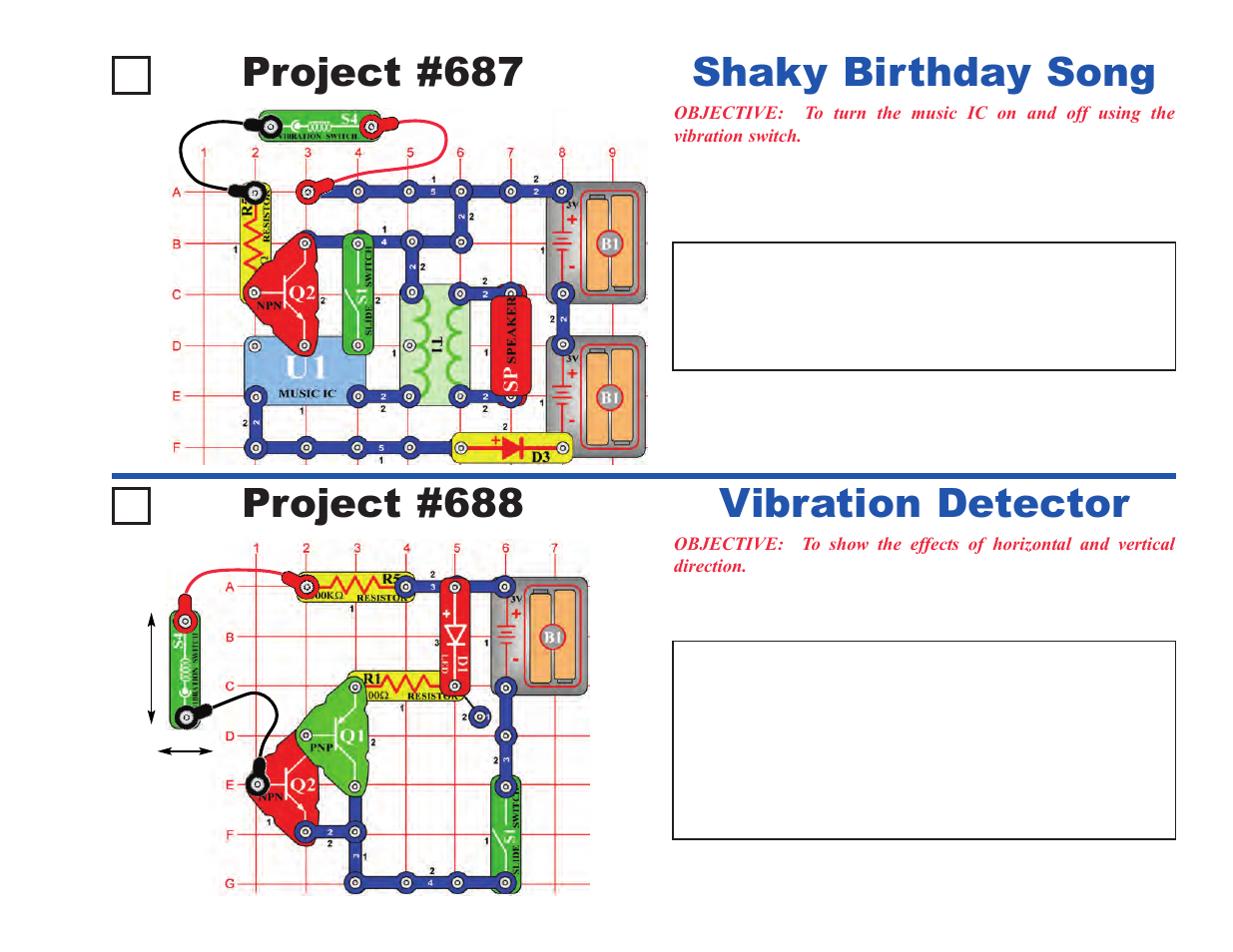 Project #687, Shaky birthday song, Project #688 | Vibration detector | Elenco Upgrade Kit SC300 to SC750 User Manual | Page 147 / 212