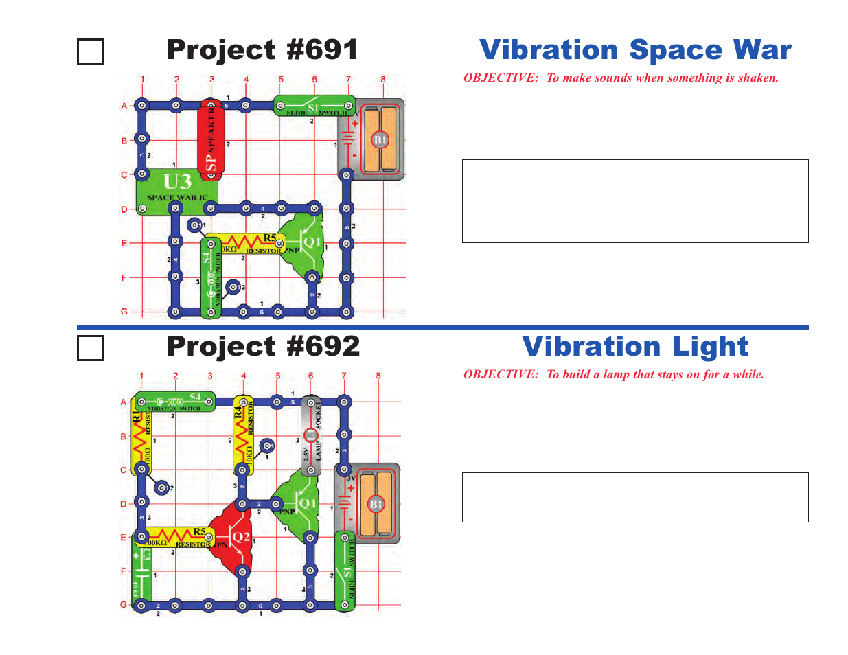 Project #691, Vibration space war, Project #692 | Vibration light | Elenco Upgrade Kit SC300 to SC750 User Manual | Page 149 / 212