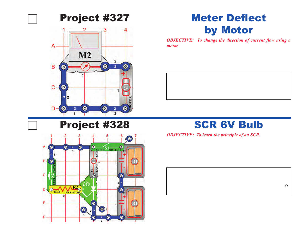 Project #328, Scr 6v bulb project #327, Meter deflect by motor | Elenco Upgrade Kit SC300 to SC750 User Manual | Page 17 / 212