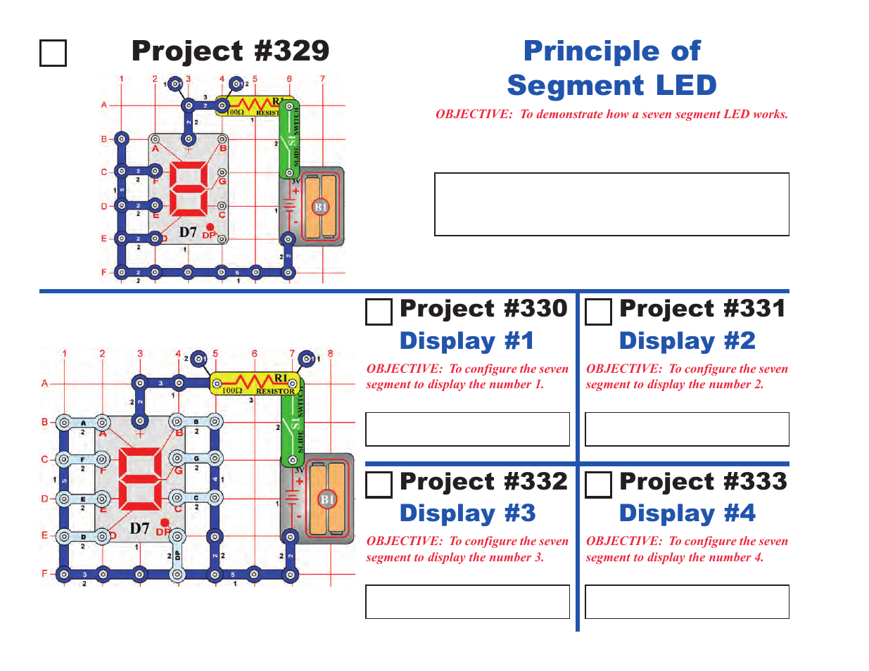 Project #329, Principle of segment led, Project #330 | Display #1, Display #2, Display #3 | Elenco Upgrade Kit SC300 to SC750 User Manual | Page 18 / 212