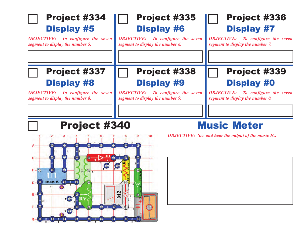 Project #340, Music meter, Project #334 | Display #5 project #335, Display #6 project #336, Display #7 project #337, Display #8 project #338, Display #9 project #339, Display #0 | Elenco Upgrade Kit SC300 to SC750 User Manual | Page 19 / 212