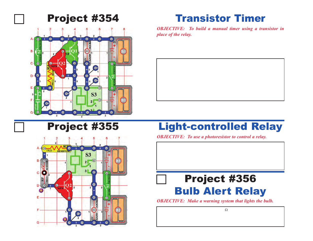 Project #355, Light-controlled relay, Bulb alert relay project #356 | Project #354, Transistor timer | Elenco Upgrade Kit SC300 to SC750 User Manual | Page 24 / 212