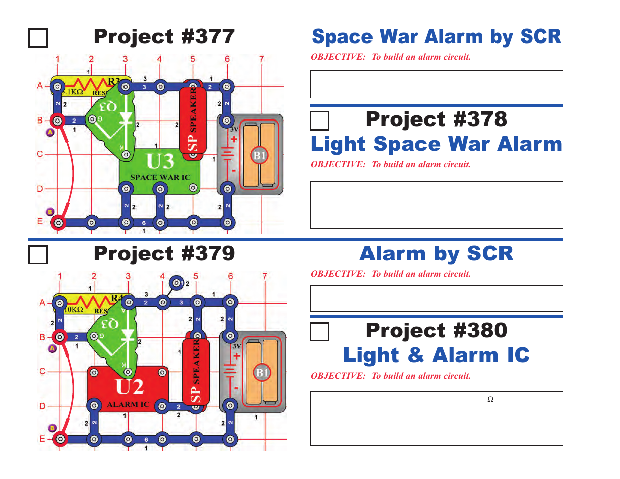 Project #377, Space war alarm by scr project #379, Alarm by scr project #378 | Light space war alarm, Project #380, Light & alarm ic | Elenco Upgrade Kit SC300 to SC750 User Manual | Page 30 / 212
