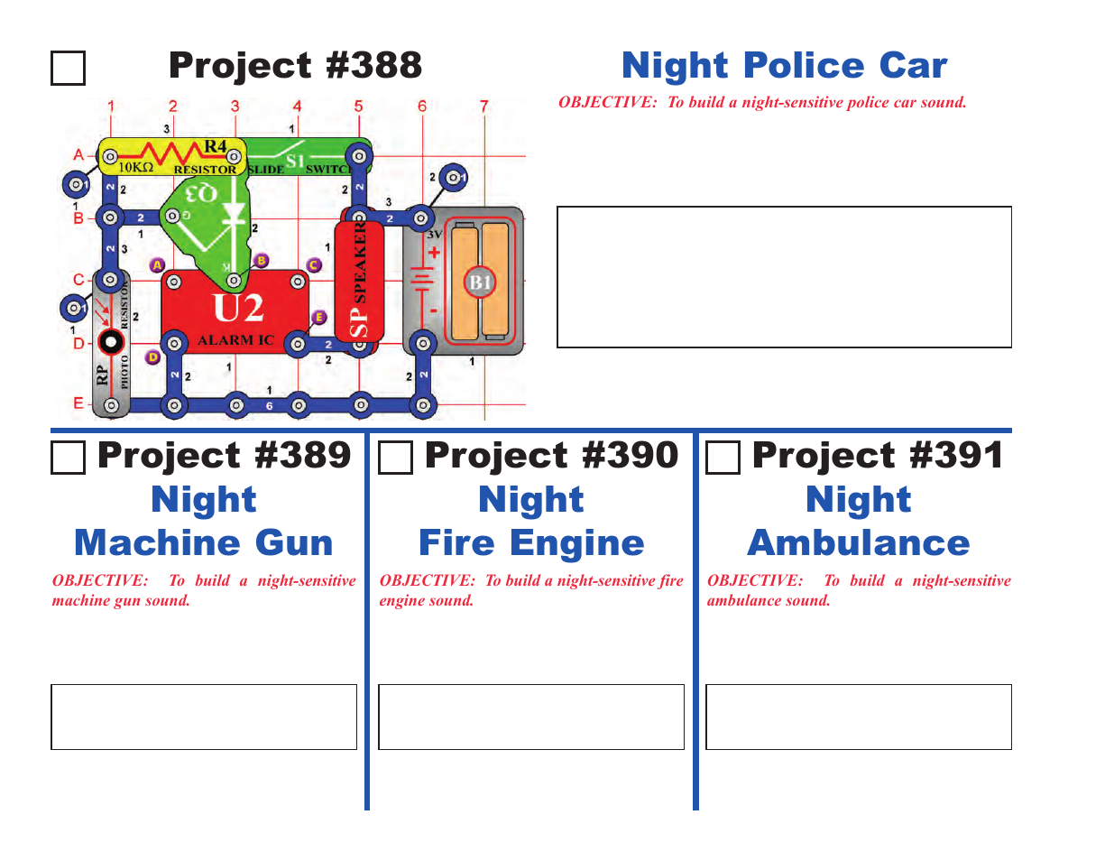Project #388, Night police car, Night machine gun project #389 | Night fire engine project #390, Night ambulance project #391 | Elenco Upgrade Kit SC300 to SC750 User Manual | Page 34 / 212