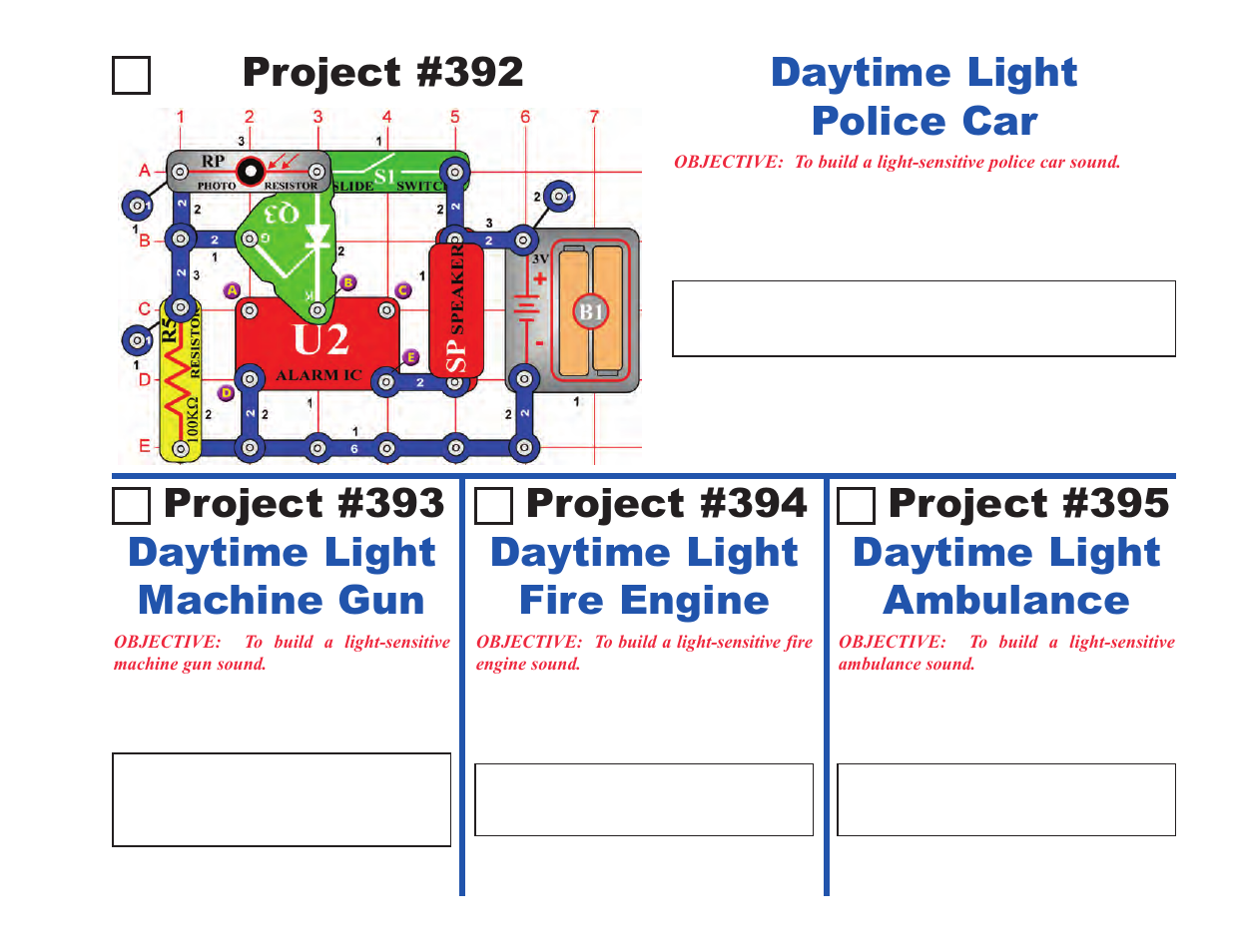 Project #392, Daytime light police car, Daytime light machine gun project #393 | Daytime light fire engine project #394, Daytime light ambulance project #395 | Elenco Upgrade Kit SC300 to SC750 User Manual | Page 35 / 212