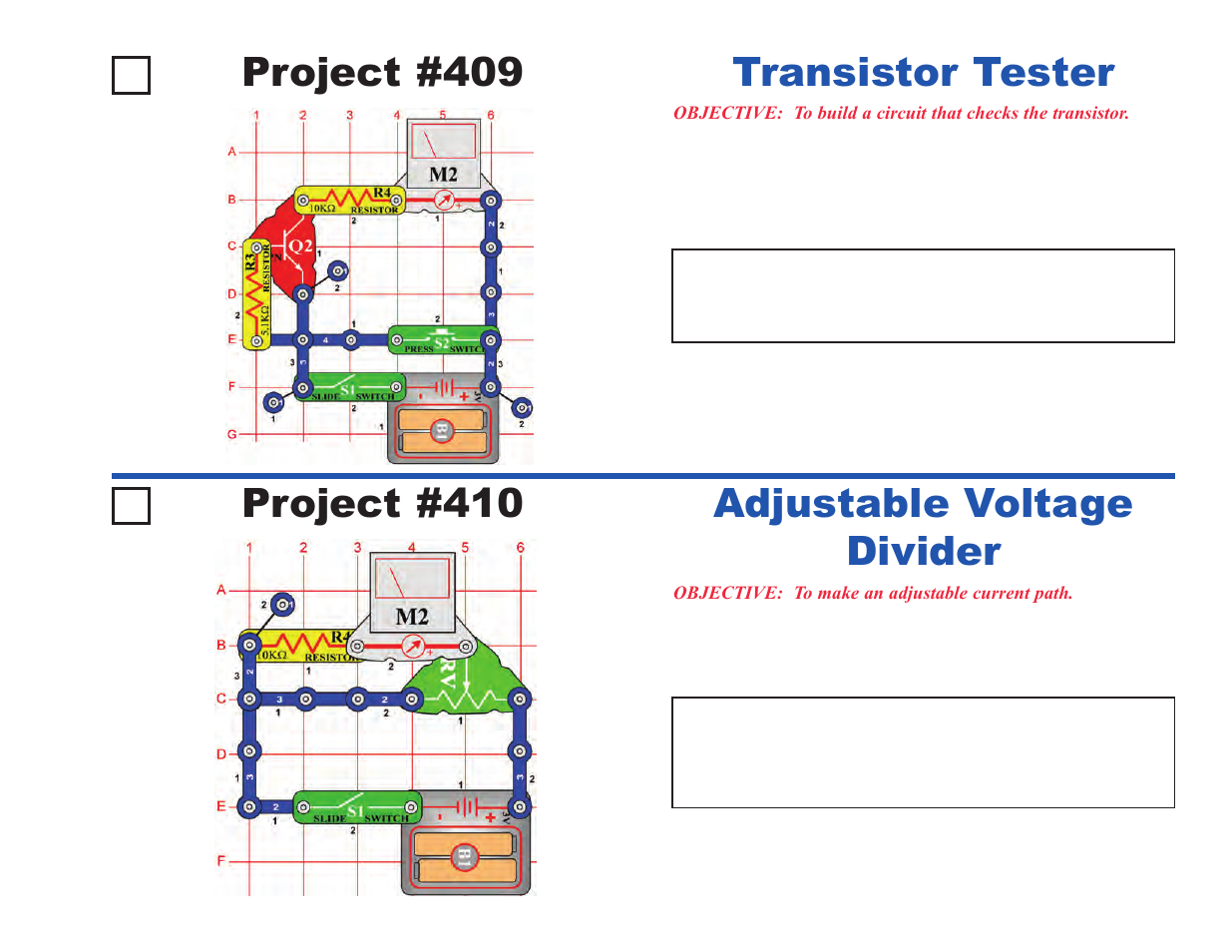 Project #409, Transistor tester project #410, Adjustable voltage divider | Elenco Upgrade Kit SC300 to SC750 User Manual | Page 39 / 212