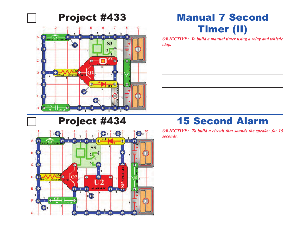 Project #433, Manual 7 second timer (ii) project #434, 15 second alarm | Elenco Upgrade Kit SC300 to SC750 User Manual | Page 45 / 212