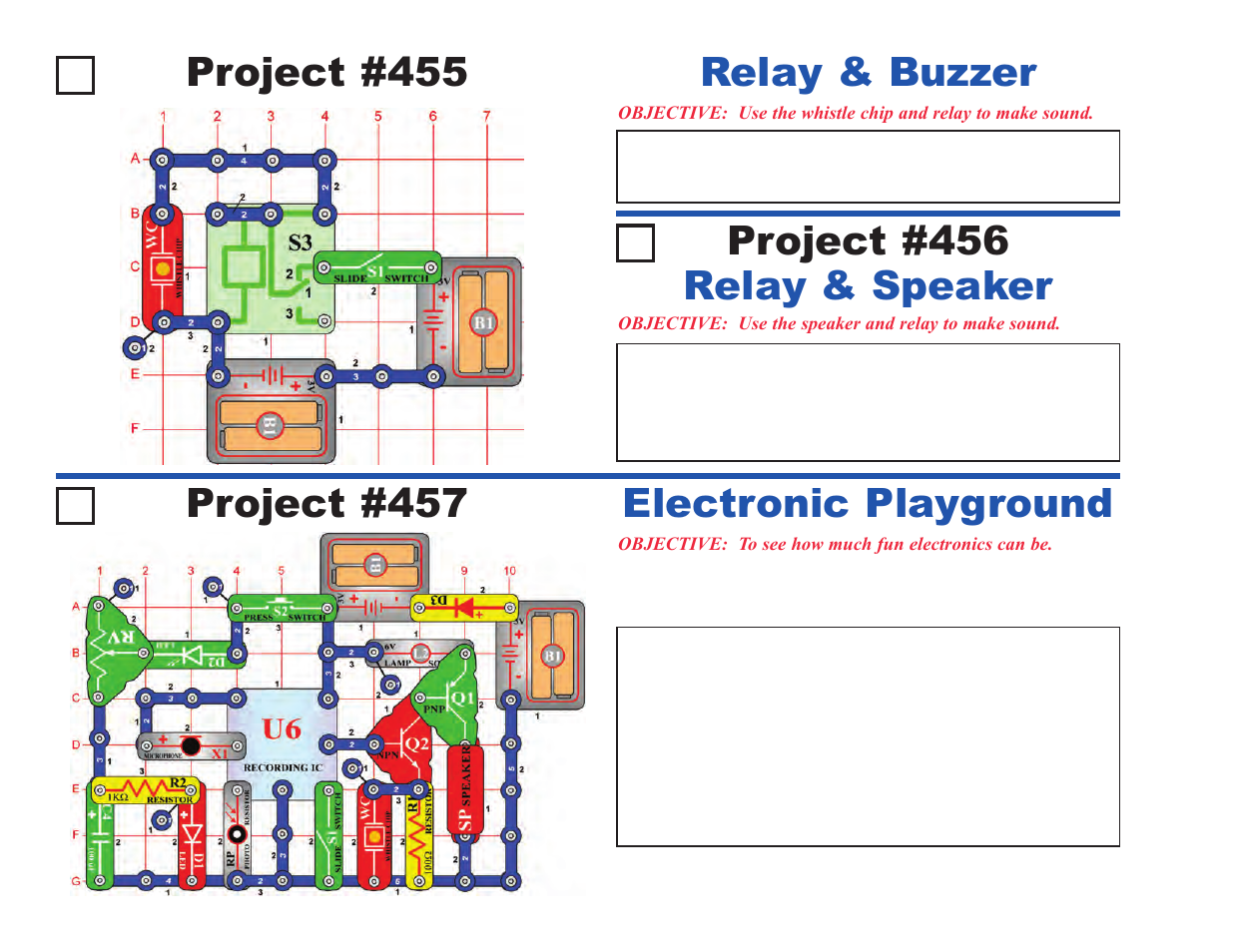 Project #455, Relay & speaker, Electronic playground | Elenco Upgrade Kit SC300 to SC750 User Manual | Page 50 / 212