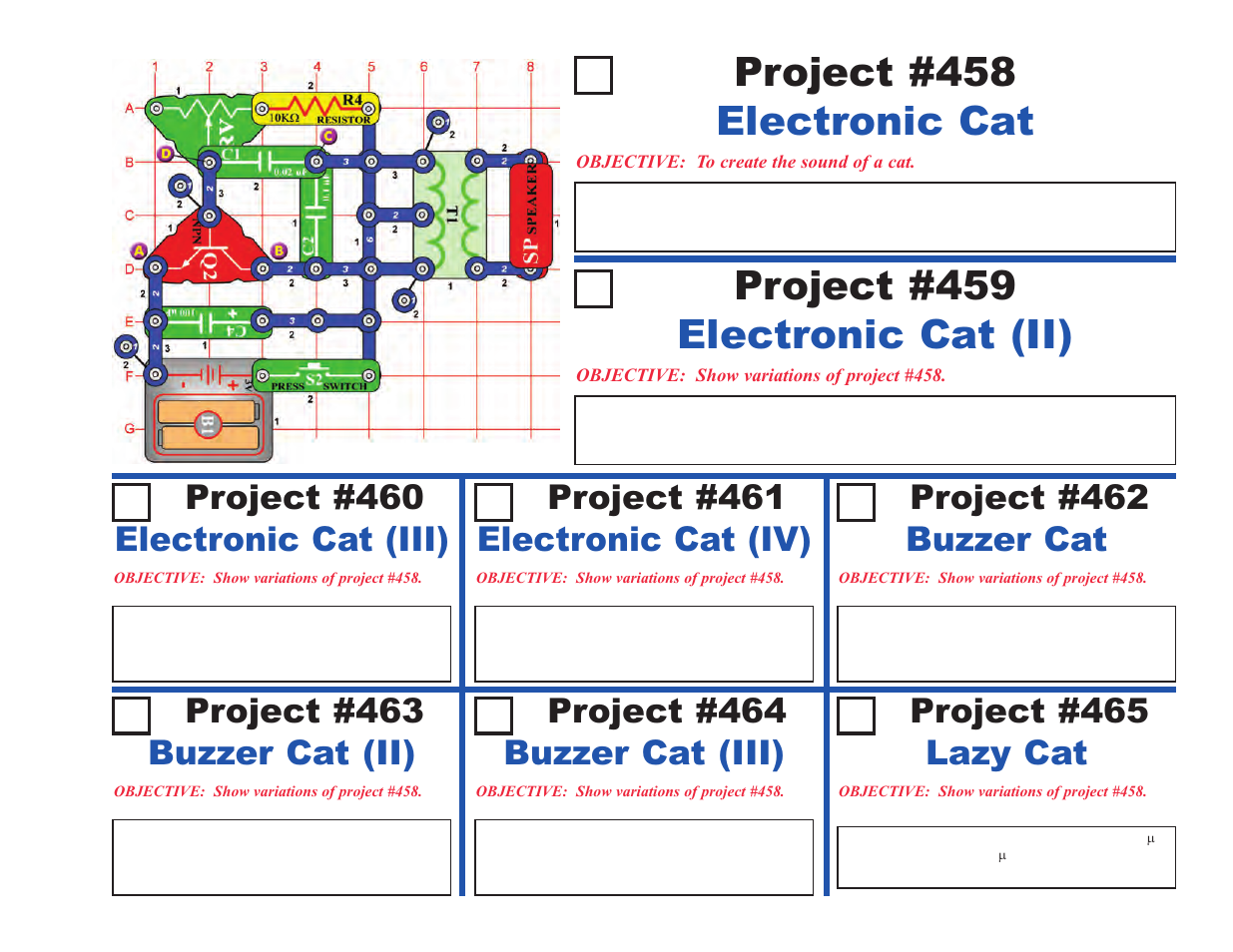Electronic cat project #458, Electronic cat (ii) project #459, Project #460 | Electronic cat (iv), Buzzer cat, Buzzer cat (ii), Buzzer cat (iii), Lazy cat | Elenco Upgrade Kit SC300 to SC750 User Manual | Page 51 / 212