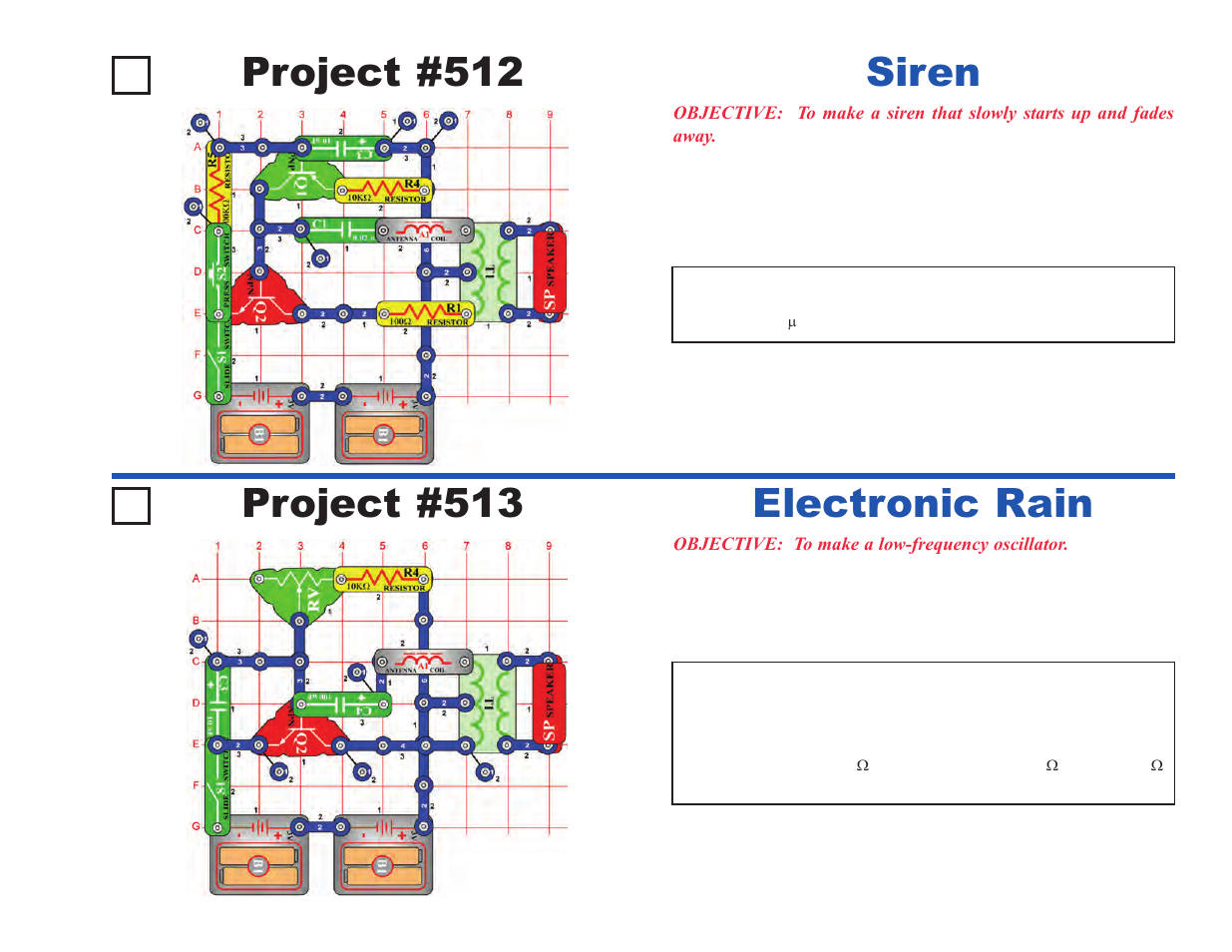 Project #512, Siren project #513, Electronic rain | Elenco Upgrade Kit SC300 to SC750 User Manual | Page 73 / 212