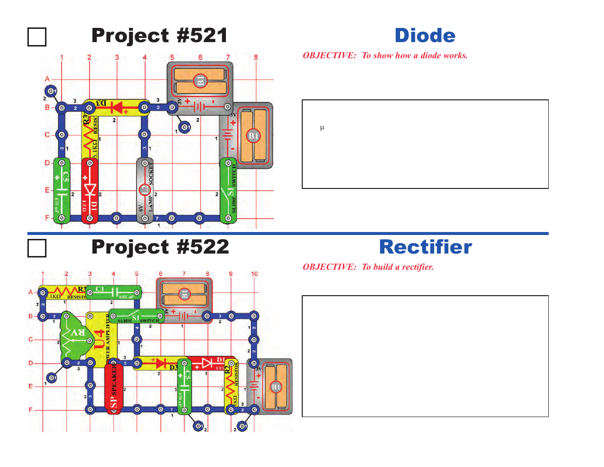 Project #521, Diode project #522, Rectifier | Elenco Upgrade Kit SC300 to SC750 User Manual | Page 78 / 212