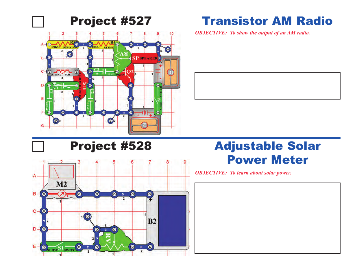 Project #527, Transistor am radio project #528, Adjustable solar power meter | Elenco Upgrade Kit SC300 to SC750 User Manual | Page 81 / 212