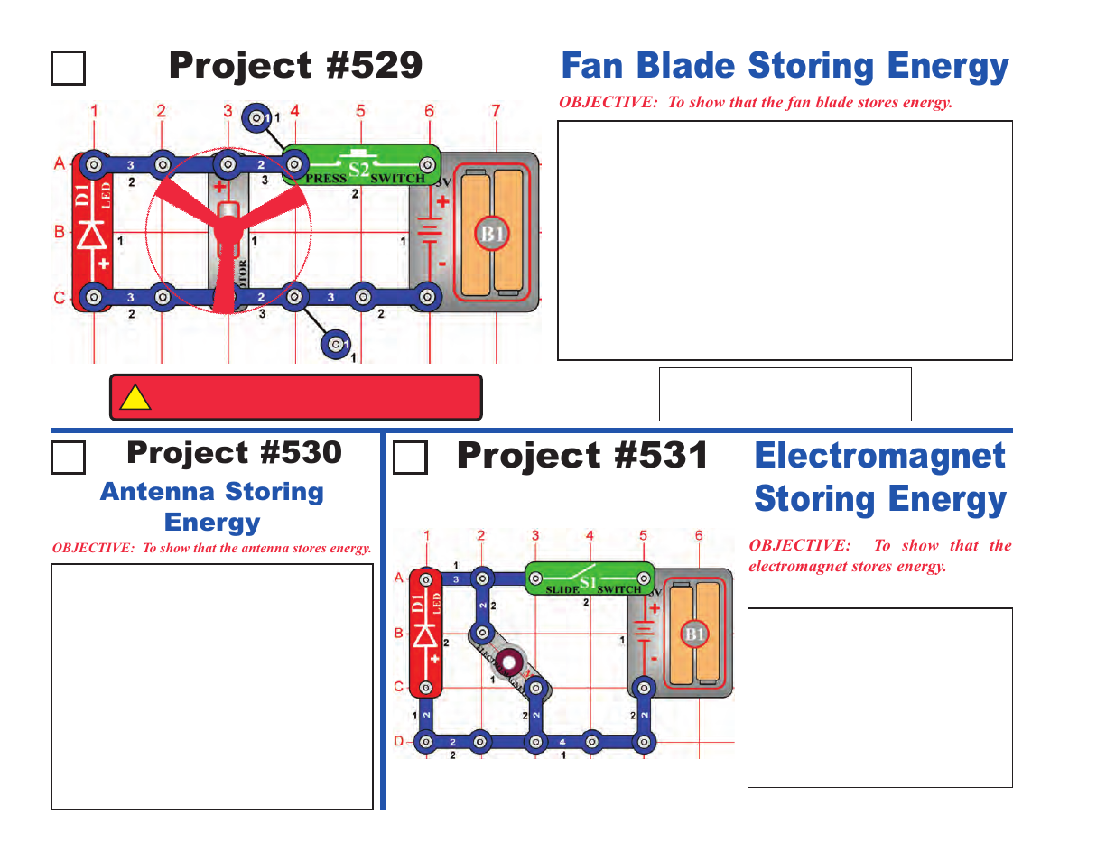 Project #529, Fan blade storing energy project #531, Electromagnet storing energy | Project #530, Antenna storing energy | Elenco Upgrade Kit SC300 to SC750 User Manual | Page 82 / 212