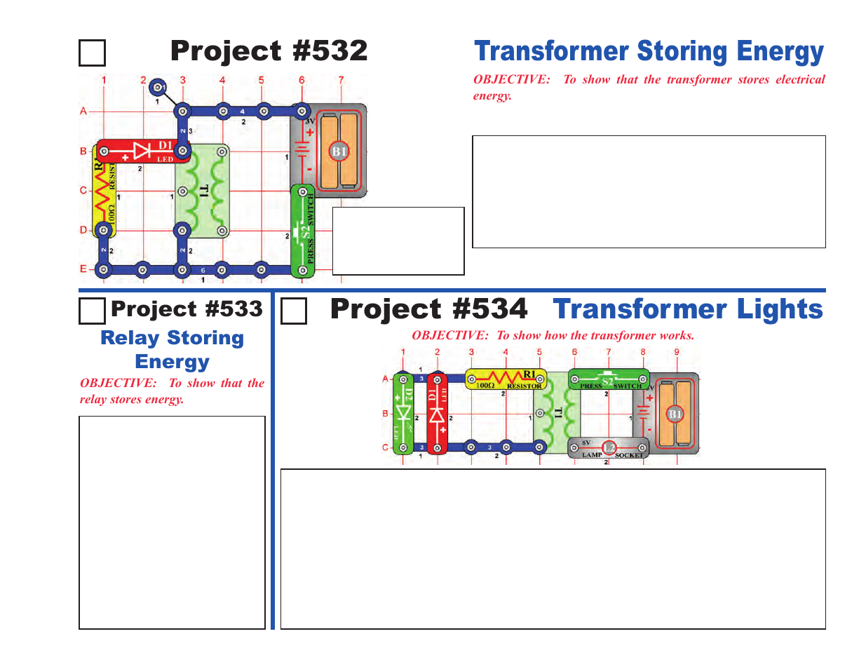 Project #532, Transformer storing energy project #534, Transformer lights | Project #533, Relay storing energy | Elenco Upgrade Kit SC300 to SC750 User Manual | Page 83 / 212