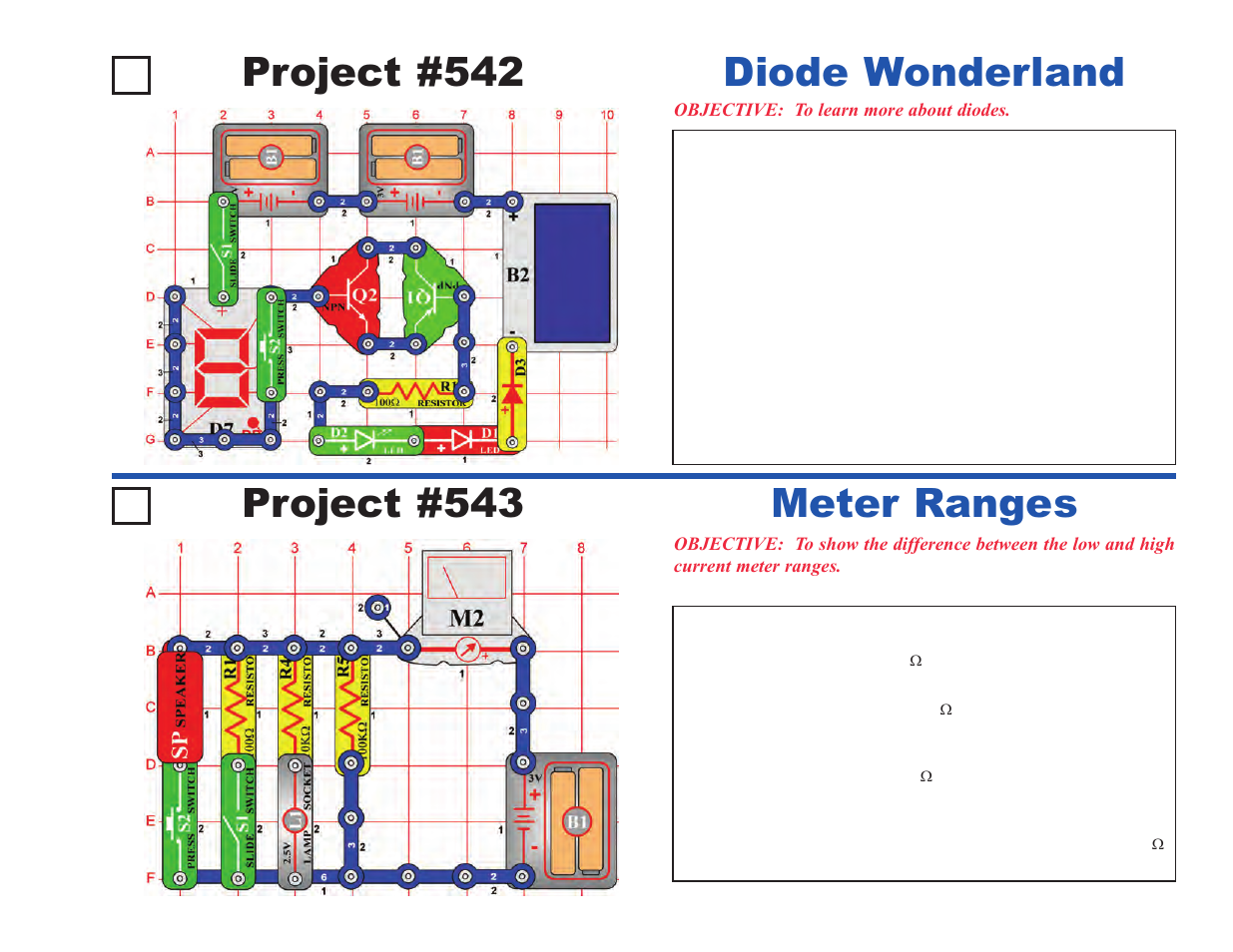 Project #542, Diode wonderland project #543, Meter ranges | Elenco Upgrade Kit SC300 to SC750 User Manual | Page 87 / 212
