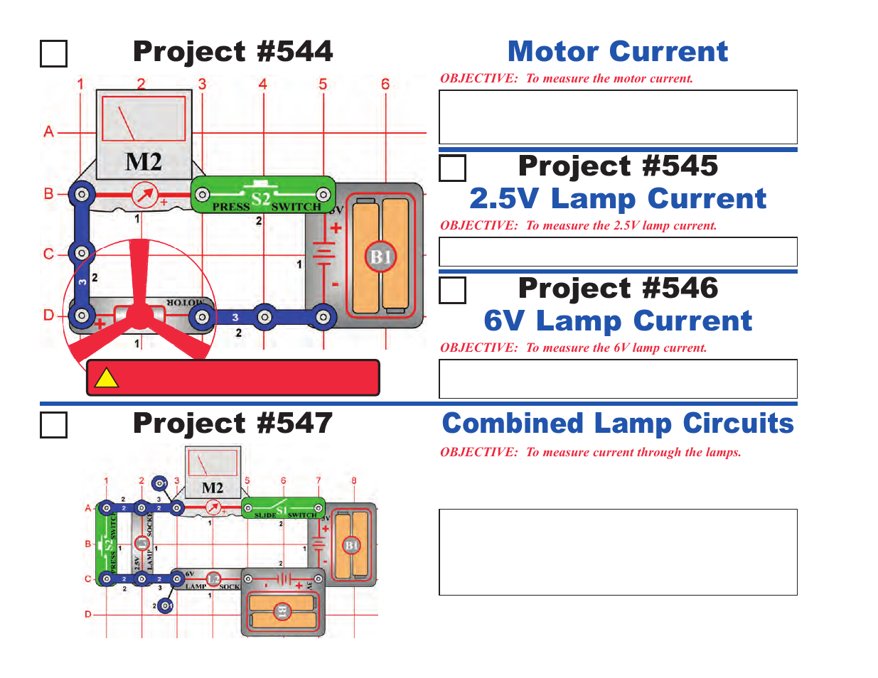Project #544, Motor current project #545, 5v lamp current | Project #546, 6v lamp current, Project #547, Combined lamp circuits | Elenco Upgrade Kit SC300 to SC750 User Manual | Page 88 / 212