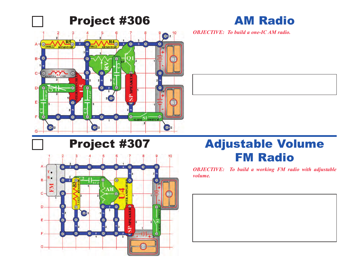 Project #306, Am radio project #307, Adjustable volume fm radio | Elenco Upgrade Kit SC300 to SC750 User Manual | Page 9 / 212