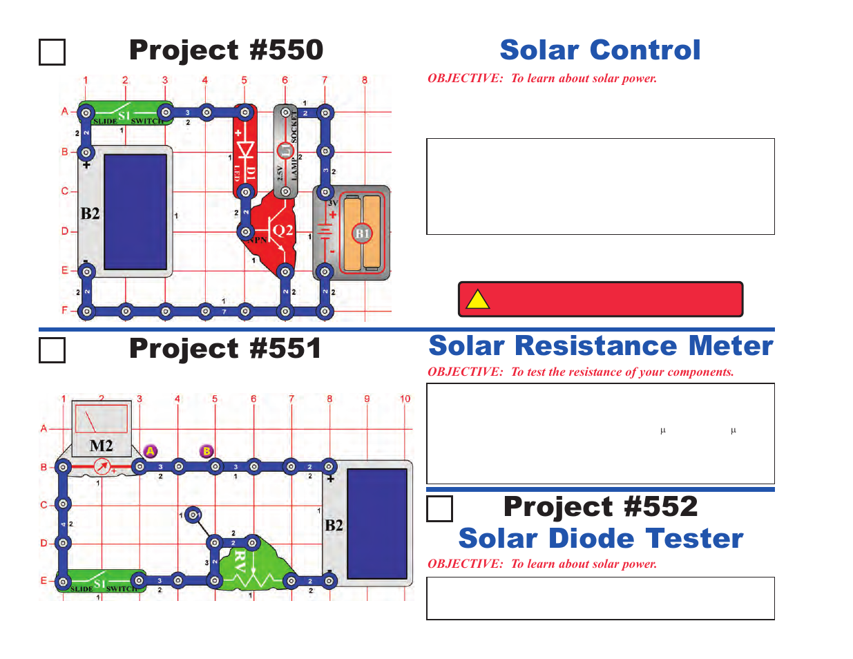 Project #550, Solar control, Project #551 | Solar resistance meter, Solar diode tester, Project #552 | Elenco Upgrade Kit SC300 to SC750 User Manual | Page 90 / 212