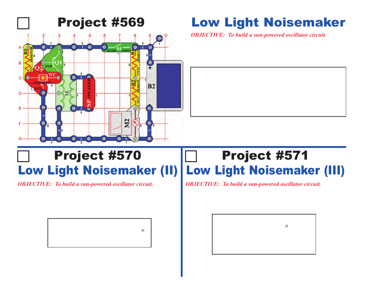 Project #569, Project #571 low light noisemaker (iii) | Elenco Upgrade Kit SC300 to SC750 User Manual | Page 98 / 212