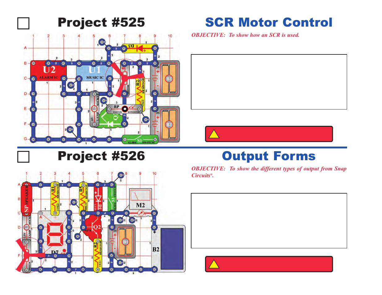 Project #525, Scr motor control project #526, Output forms | Elenco Upgrade Kit SC500 to SC750 User Manual | Page 16 / 148