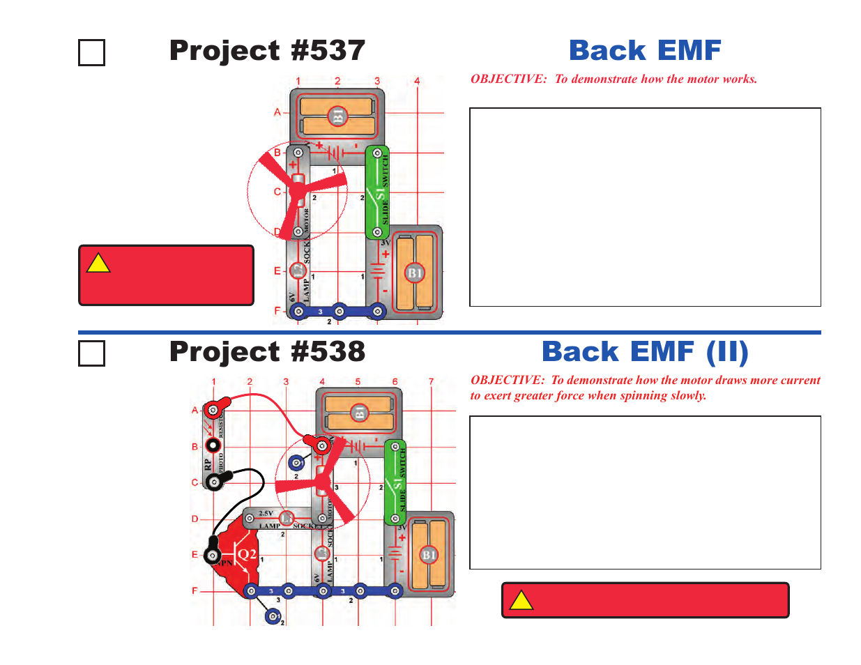 Project #537, Back emf project #538, Back emf (ii) | Elenco Upgrade Kit SC500 to SC750 User Manual | Page 21 / 148