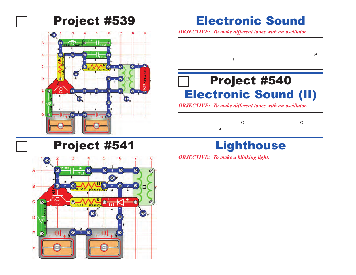 Project #539, Electronic sound project #541, Lighthouse | Electronic sound (ii) project #540 | Elenco Upgrade Kit SC500 to SC750 User Manual | Page 22 / 148