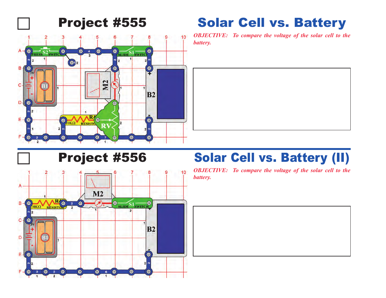 Project #555, Solar cell vs. battery, Project #556 | Solar cell vs. battery (ii) | Elenco Upgrade Kit SC500 to SC750 User Manual | Page 28 / 148