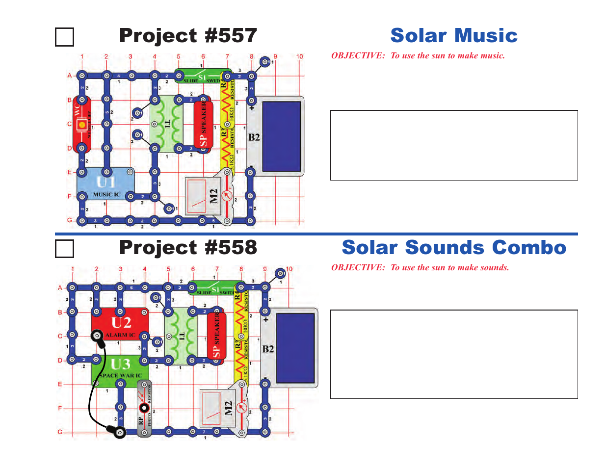 Project #557, Solar music, Project #558 | Solar sounds combo | Elenco Upgrade Kit SC500 to SC750 User Manual | Page 29 / 148