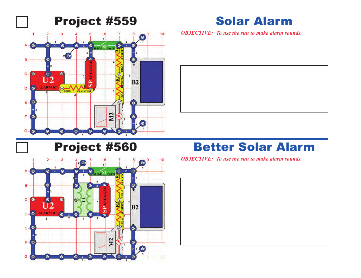 Project #559, Solar alarm, Project #560 | Better solar alarm | Elenco Upgrade Kit SC500 to SC750 User Manual | Page 30 / 148