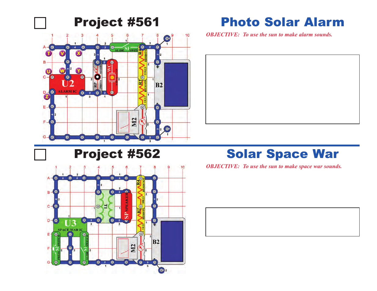 Project #561, Photo solar alarm project #562, Solar space war | Elenco Upgrade Kit SC500 to SC750 User Manual | Page 31 / 148