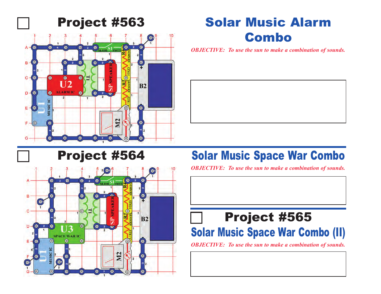 Project #563, Solar music alarm combo project #564, Solar music space war combo | Solar music space war combo (ii), Project #565 | Elenco Upgrade Kit SC500 to SC750 User Manual | Page 32 / 148