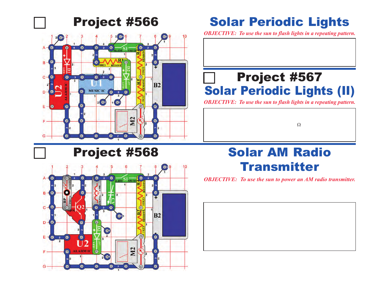 Project #566, Solar periodic lights project #568, Solar am radio transmitter | Solar periodic lights (ii) project #567 | Elenco Upgrade Kit SC500 to SC750 User Manual | Page 33 / 148