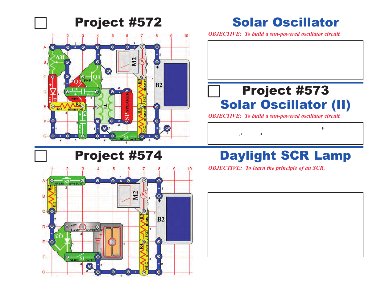 Project #572, Solar oscillator project #574, Daylight scr lamp | Solar oscillator (ii) project #573 | Elenco Upgrade Kit SC500 to SC750 User Manual | Page 35 / 148