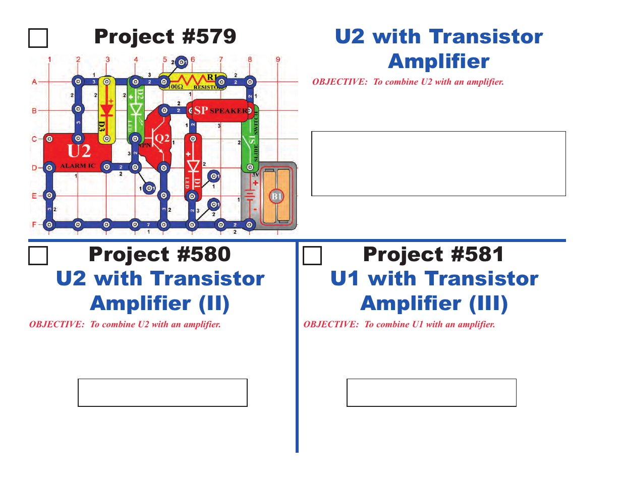 Project #579, Project #581 u1 with transistor amplifier (iii) | Elenco Upgrade Kit SC500 to SC750 User Manual | Page 38 / 148