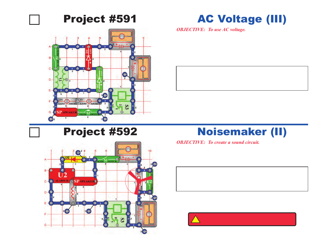 Project #591, Ac voltage (iii), Project #592 | Noisemaker (ii) | Elenco Upgrade Kit SC500 to SC750 User Manual | Page 43 / 148