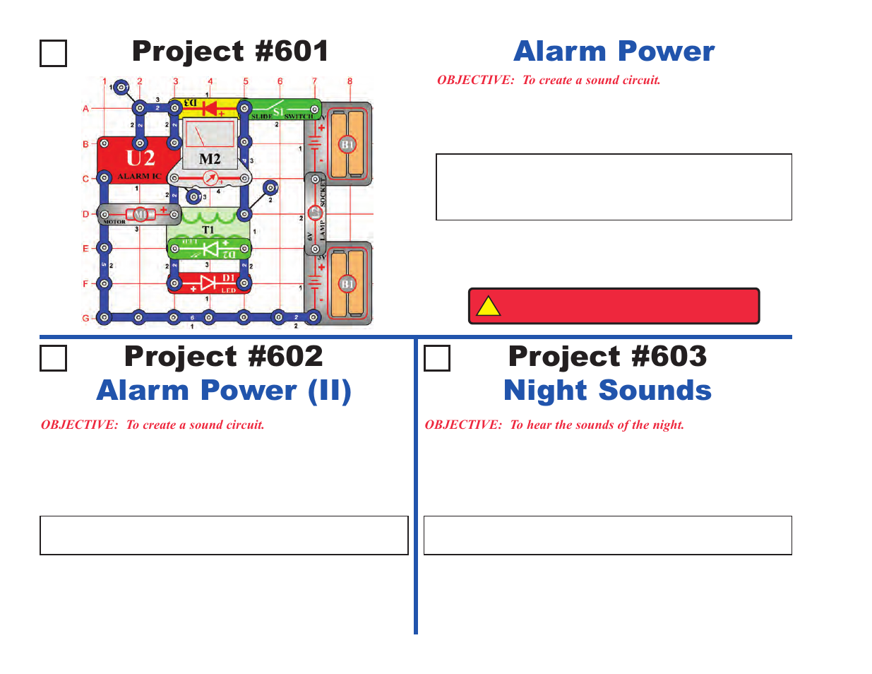 Project #601, Alarm power project #602 alarm power (ii), Project #603 night sounds | Elenco Upgrade Kit SC500 to SC750 User Manual | Page 46 / 148