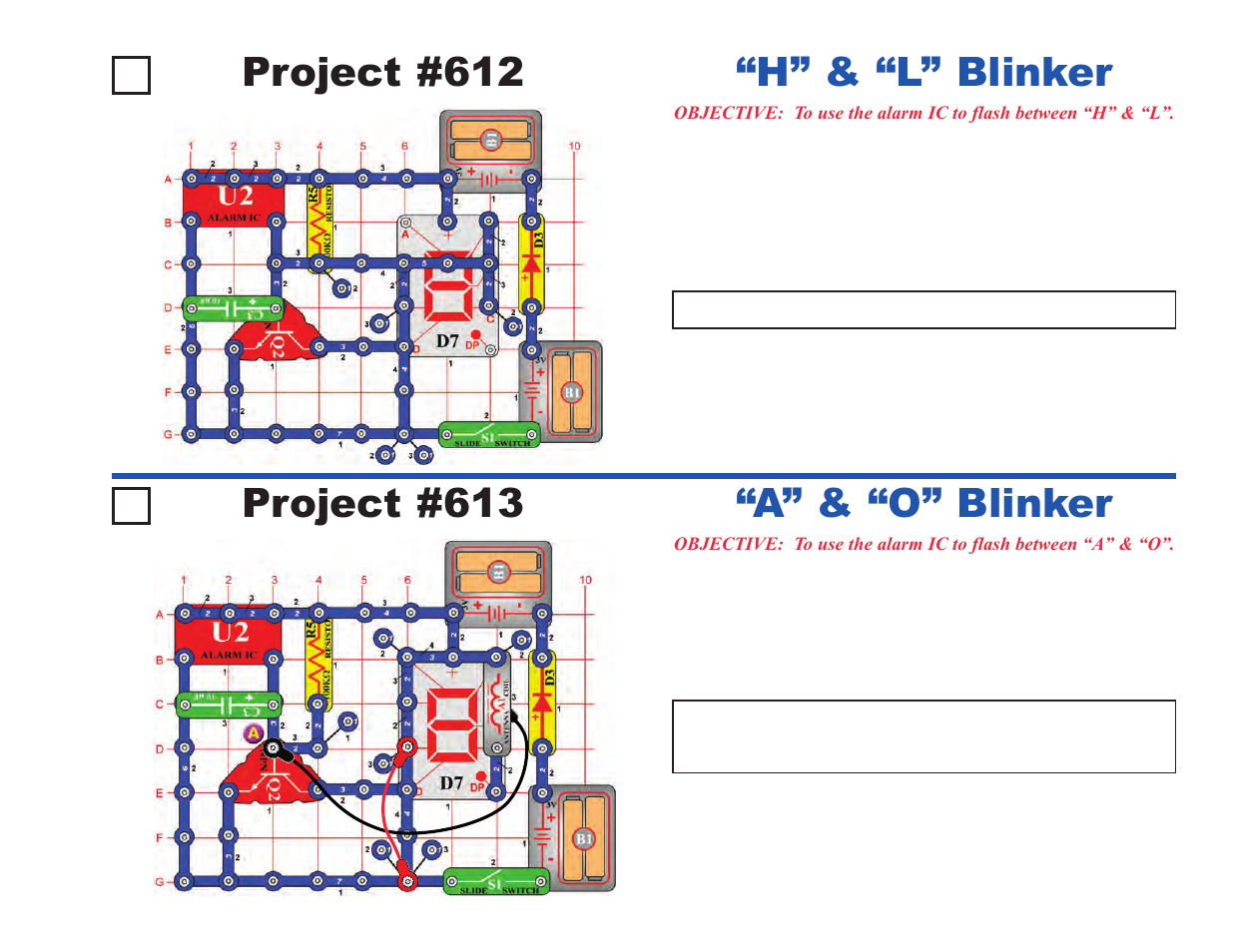 Project #612, H” & “l” blinker, Project #613 | A” & “o” blinker | Elenco Upgrade Kit SC500 to SC750 User Manual | Page 51 / 148