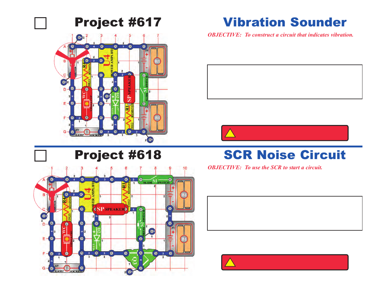 Project #617, Vibration sounder project #618, Scr noise circuit | Elenco Upgrade Kit SC500 to SC750 User Manual | Page 53 / 148