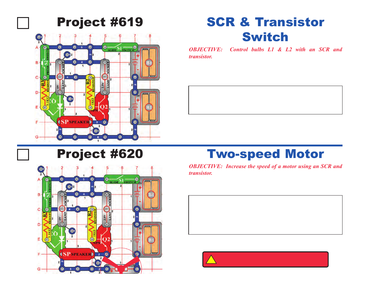 Project #619, Scr & transistor switch, Project #620 | Two-speed motor | Elenco Upgrade Kit SC500 to SC750 User Manual | Page 54 / 148