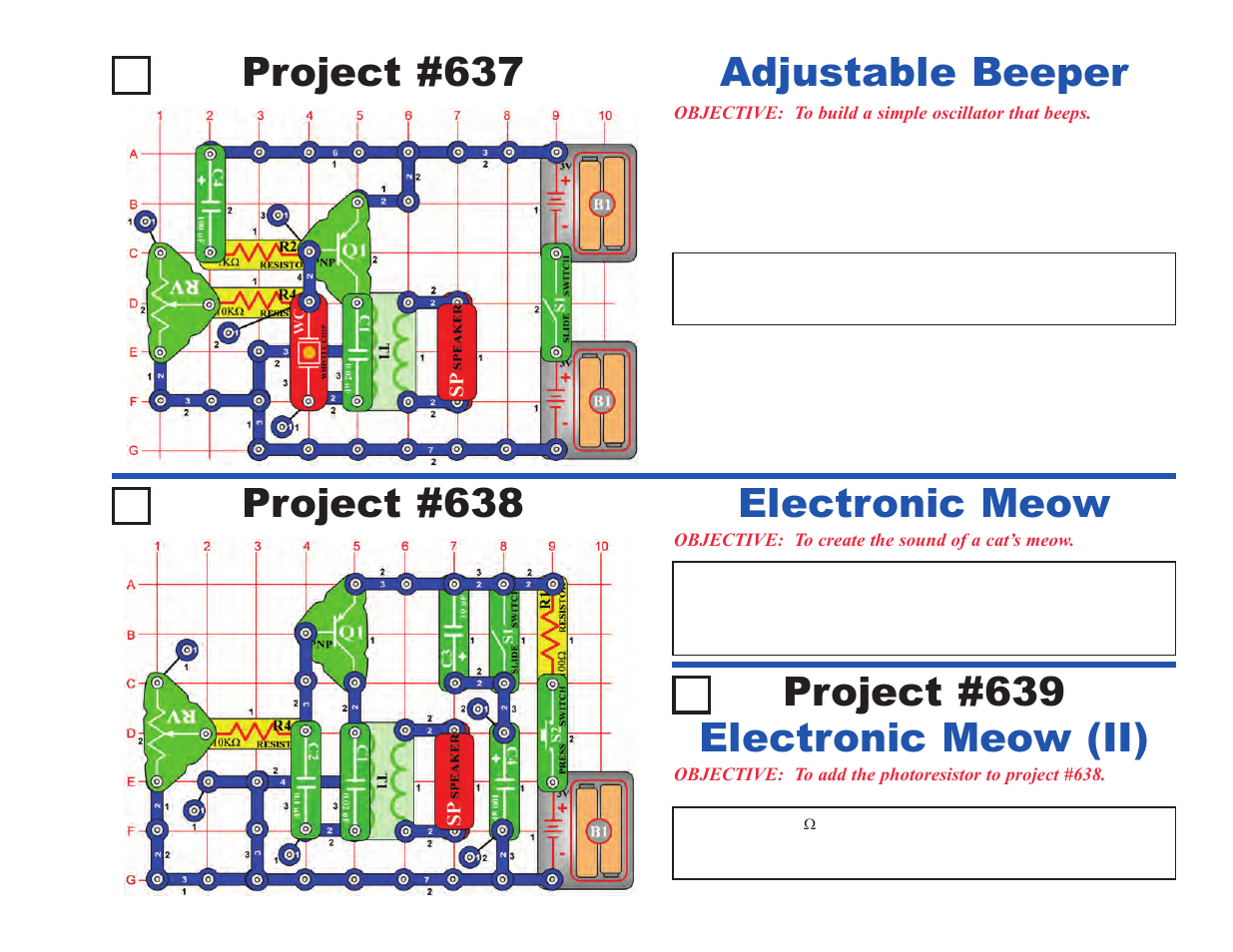 Project #637, Adjustable beeper, Project #638 | Electronic meow, Electronic meow (ii) project #639 | Elenco Upgrade Kit SC500 to SC750 User Manual | Page 61 / 148