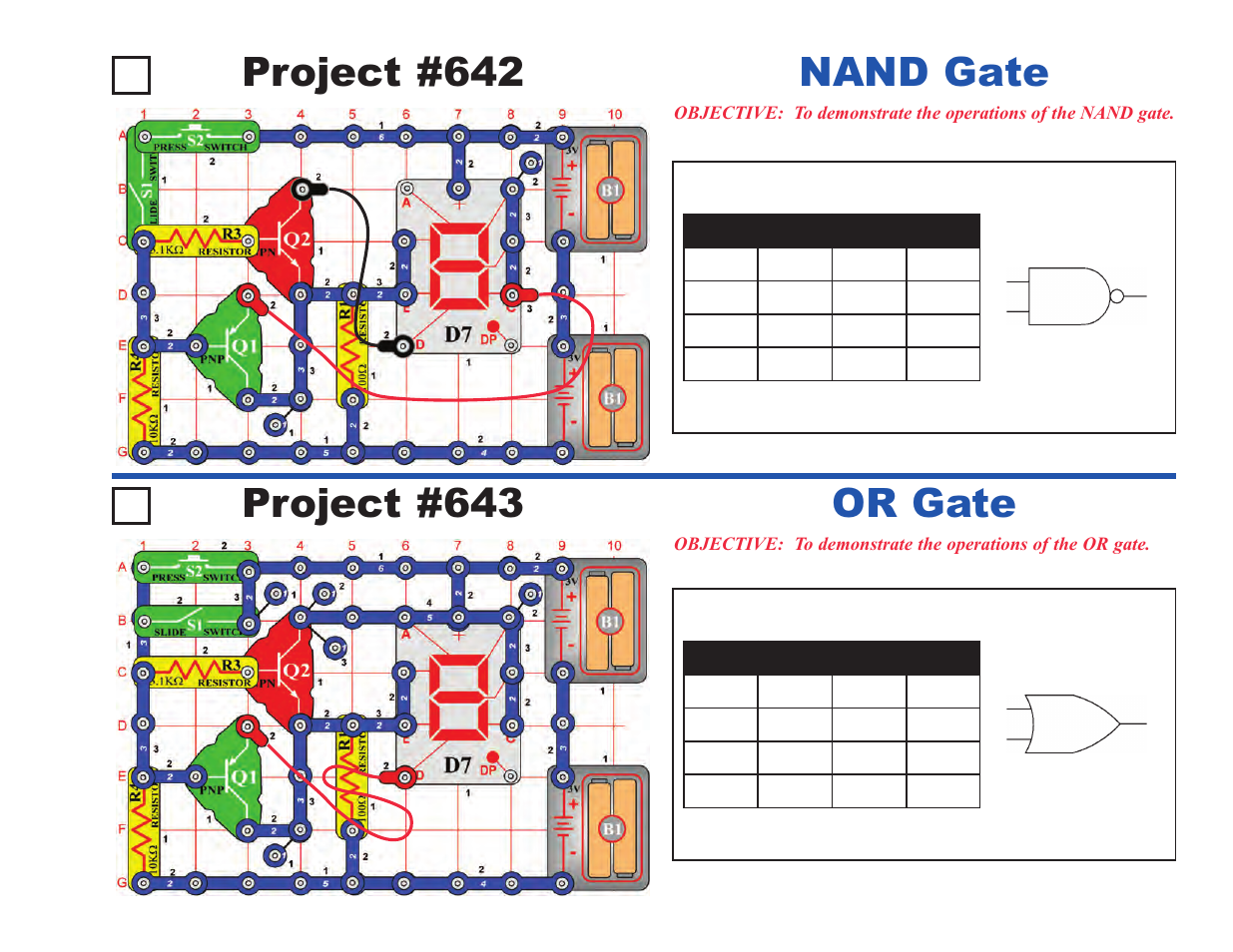 Project #642, Nand gate project #643, Or gate | Elenco Upgrade Kit SC500 to SC750 User Manual | Page 63 / 148