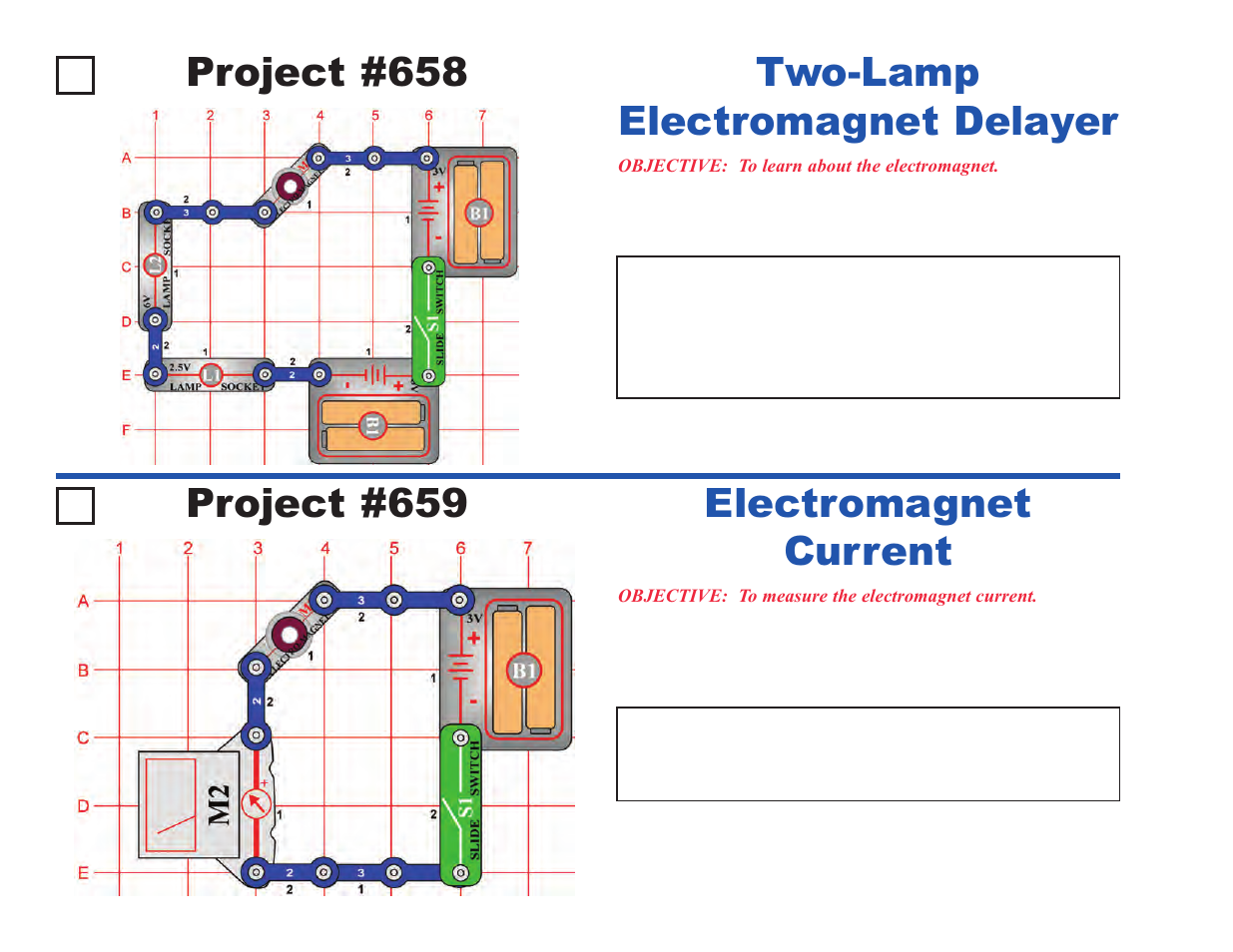 Project #658, Two-lamp electromagnet delayer, Project #659 | Electromagnet current | Elenco Upgrade Kit SC500 to SC750 User Manual | Page 70 / 148