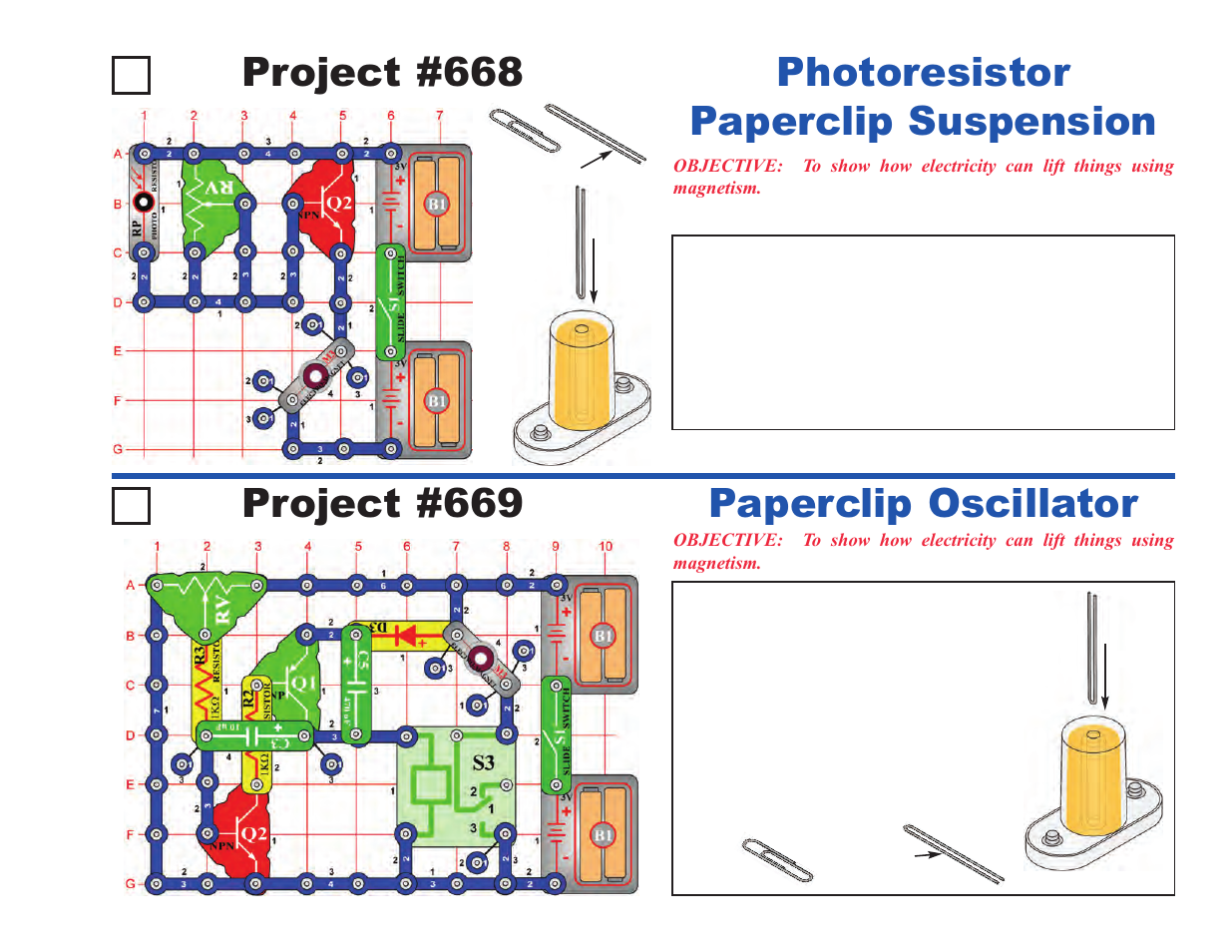 Project #668, Photoresistor paperclip suspension project #669, Paperclip oscillator | Elenco Upgrade Kit SC500 to SC750 User Manual | Page 75 / 148