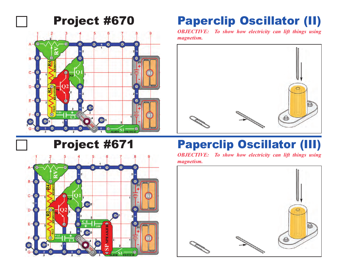 Project #670, Paperclip oscillator (ii) project #671, Paperclip oscillator (iii) | Elenco Upgrade Kit SC500 to SC750 User Manual | Page 76 / 148