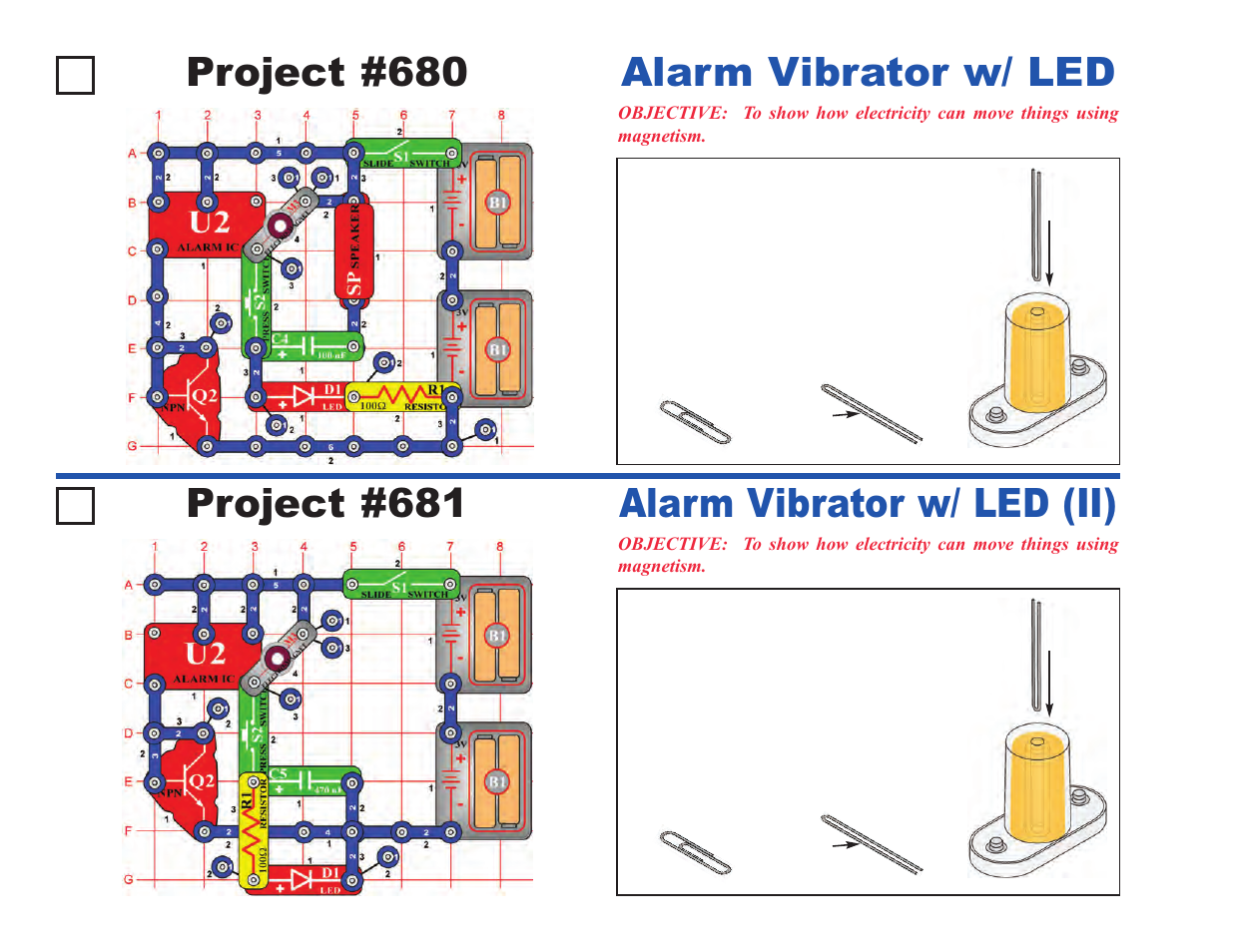 Project #680, Alarm vibrator w/ led, Project #681 | Alarm vibrator w/ led (ii) | Elenco Upgrade Kit SC500 to SC750 User Manual | Page 80 / 148