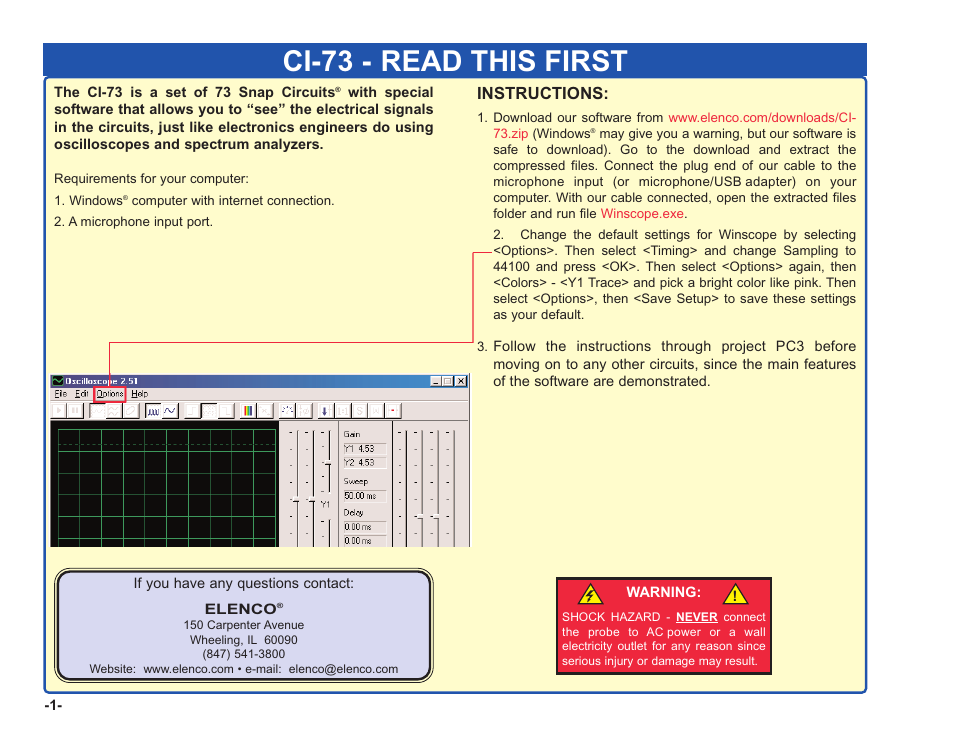 Ci-73 - read this first | Elenco Computer Inteface for Snap Circuits® User Manual | Page 2 / 60