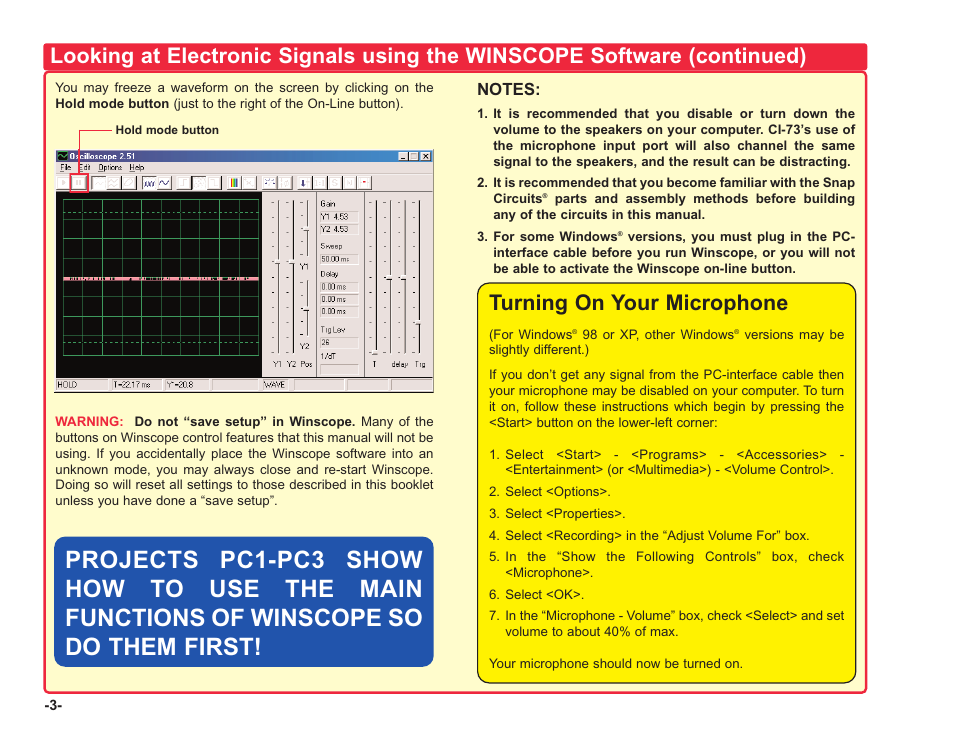 Turning on your microphone | Elenco Computer Inteface for Snap Circuits® User Manual | Page 4 / 60